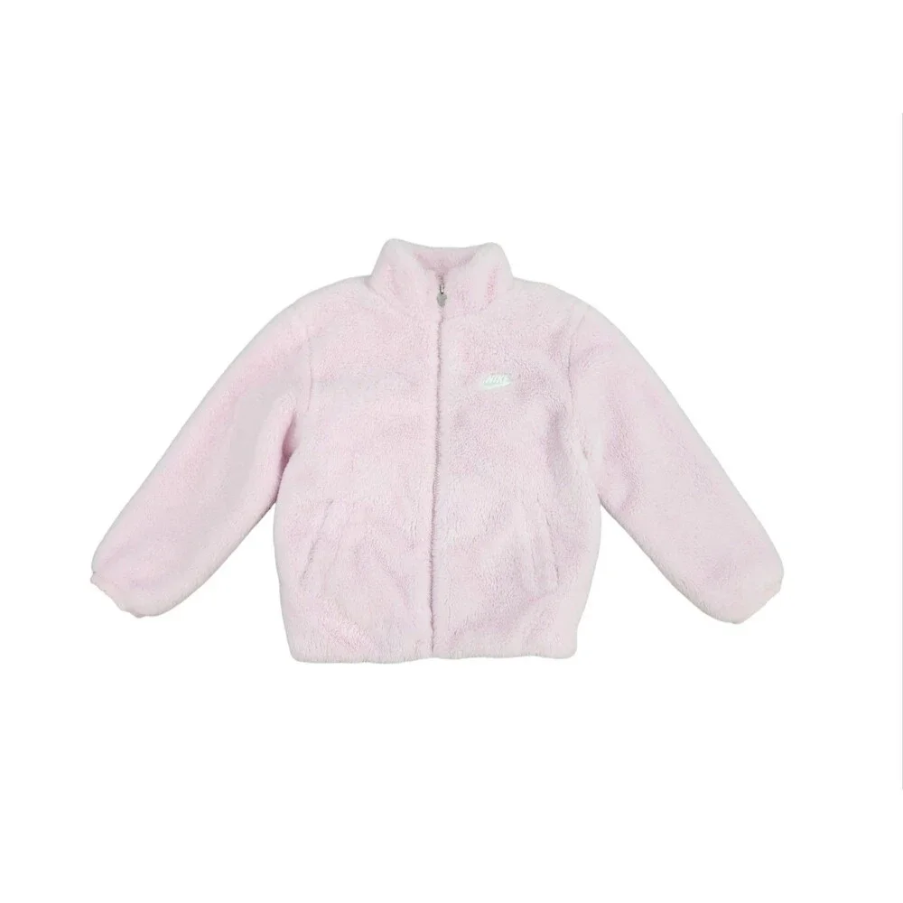 Nike Girls Faux Fur Fuzzy Swoosh Bomber Jacket Pink Size 5-6 Medium